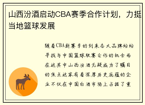 山西汾酒启动CBA赛季合作计划，力挺当地篮球发展