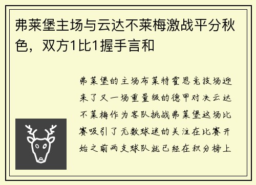 弗莱堡主场与云达不莱梅激战平分秋色，双方1比1握手言和